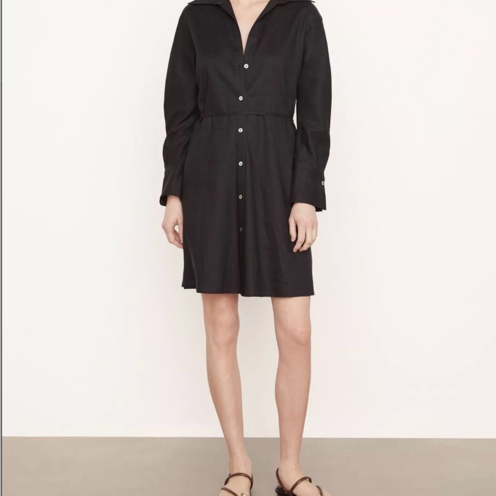 Vince Linen Black Button-Front Midi Shirt Dress